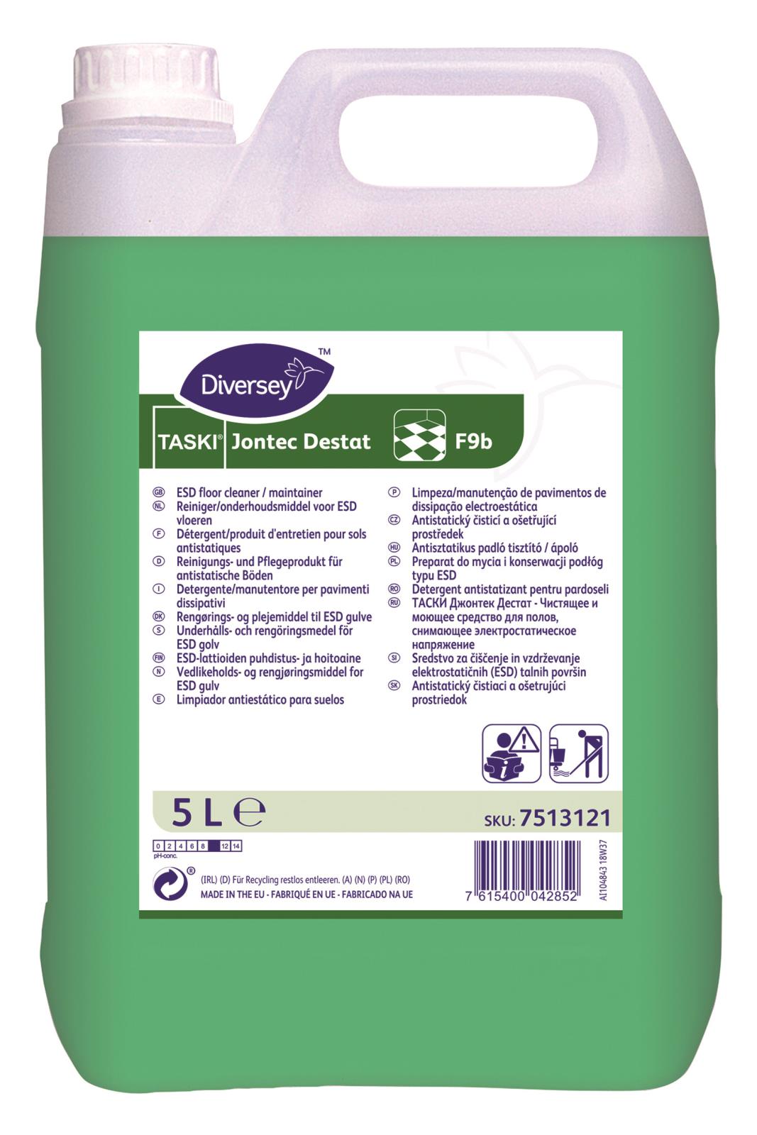 Stor grön plastflaska med handtag och vit topp, etikett med grönt och vitt, text och symboler för golvrengöring Diversey Taski Jontec Destat 5L