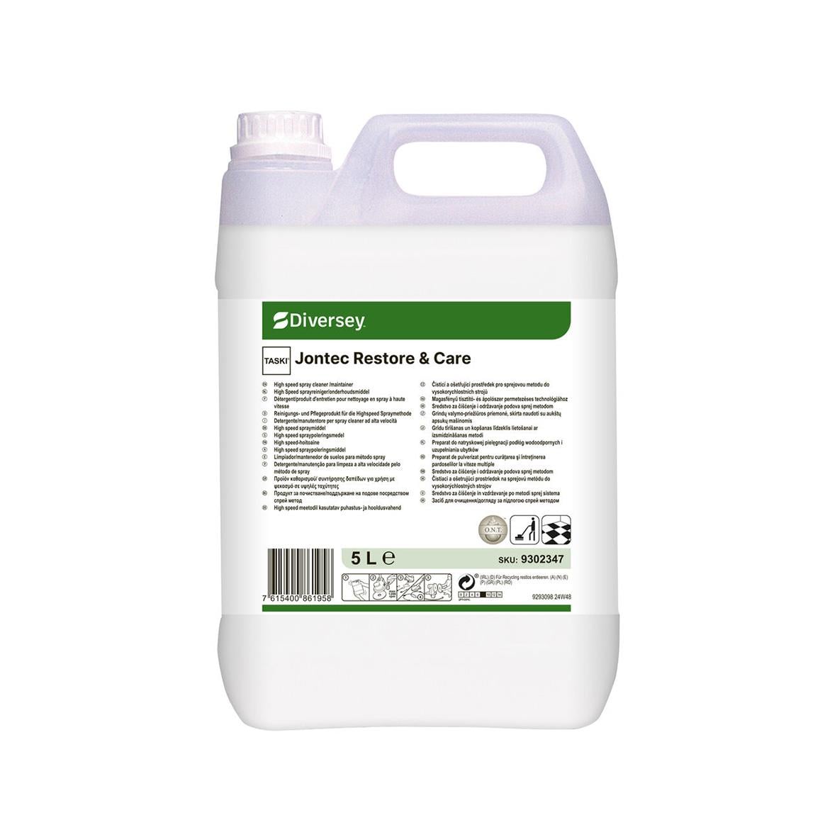 Stor 5L vit sprayflaska med etikett för Diversey Taski Jontec Restore F3g, hög hastighet spray, rengöringsmedel