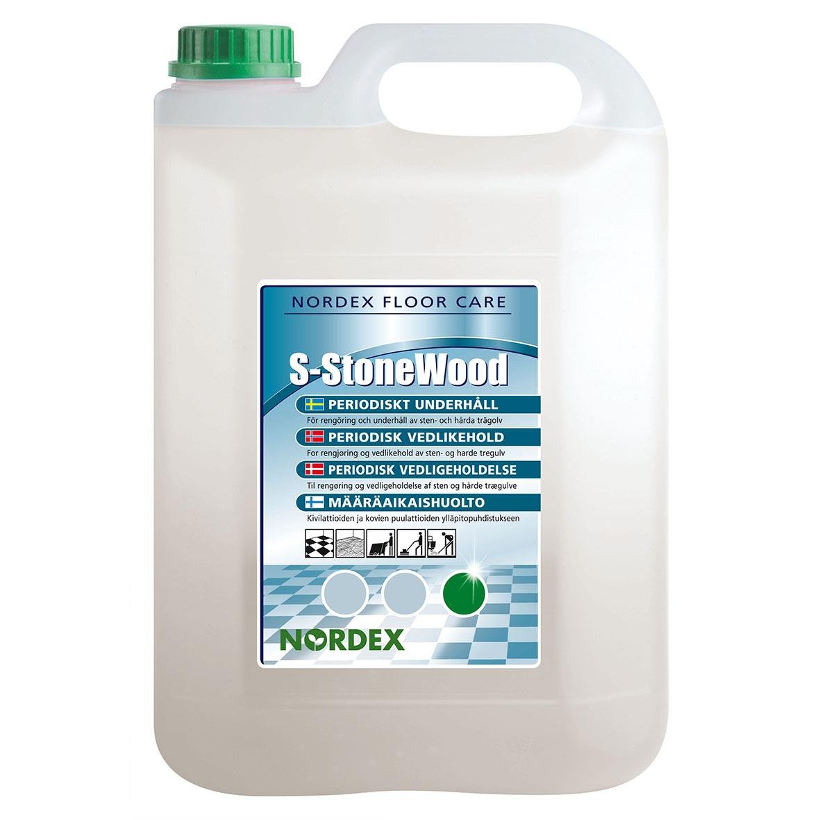 Stor 5L behållare med golvvårdsvätska för Nordex S-StoneWood golv, för regelbundet underhåll
