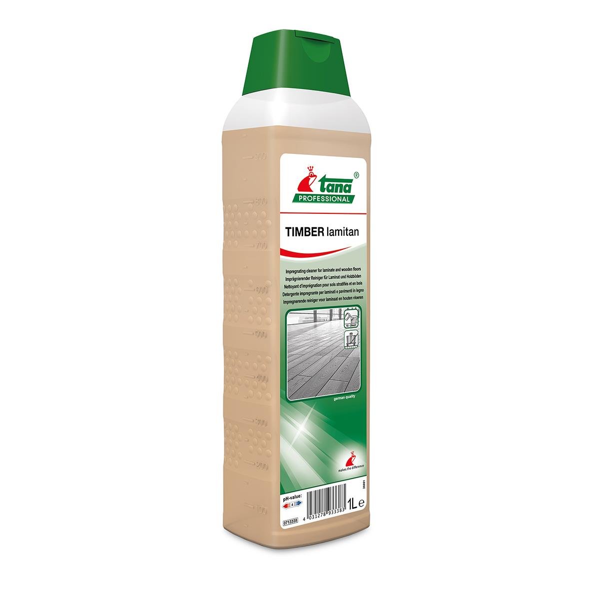 Grön och beige flaska med Tana Timber Lamitan golvvårdsprodukt för laminat och trägolv, 1 liter