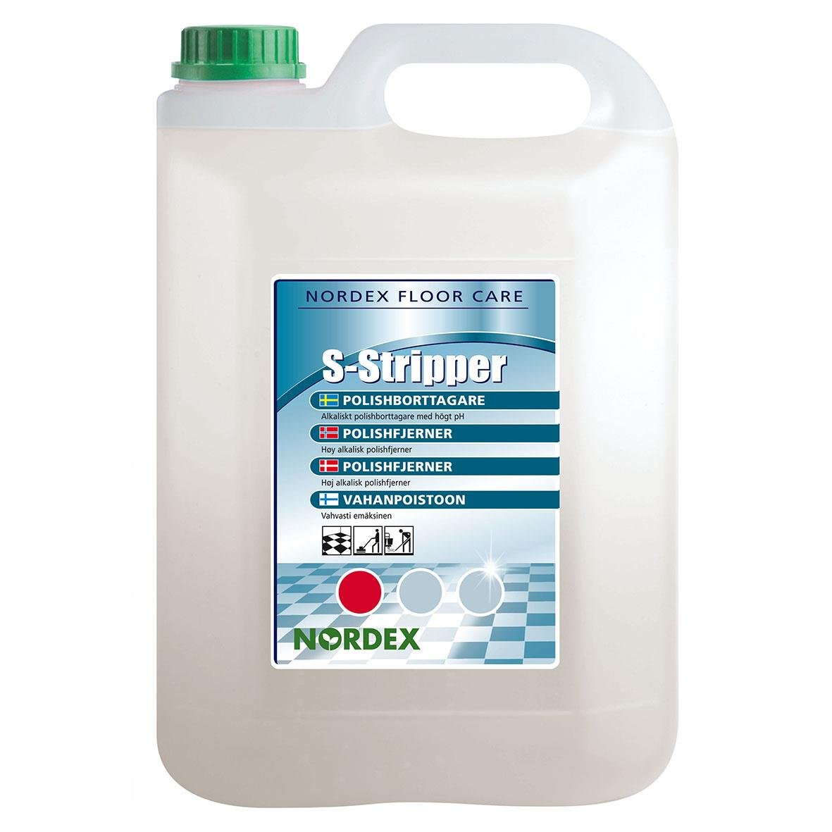 Stor vit plastdunk med grön kork och blå etikett för Nordex S-Stripper 5L, golvvårdsprodukt