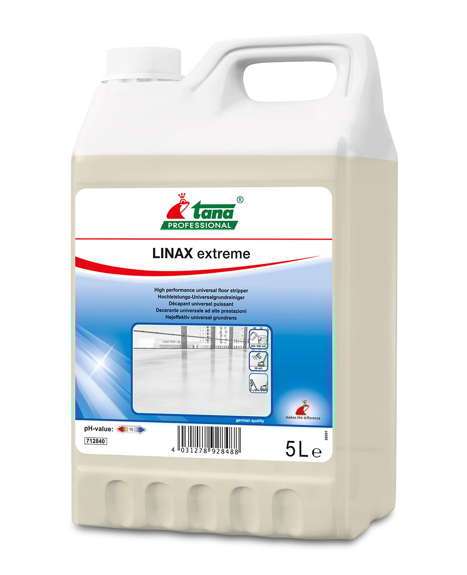 Stor vit plastflaska med handtag och lock, etikett för Golvvård Tana Linax Extreme 5L