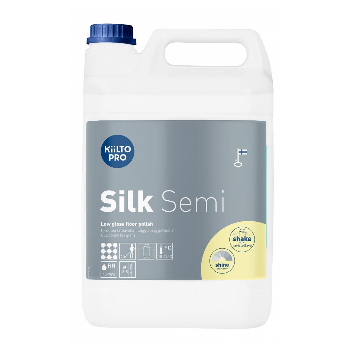 Golvpolish Kiilto Pro Silk Semi 5L i vit plastflaska med blå lock