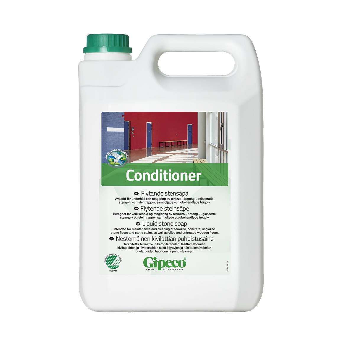 Golvsåpa Gipeco Conditioner Stensåpa 5L i en vit behållare med grön och röd etikett