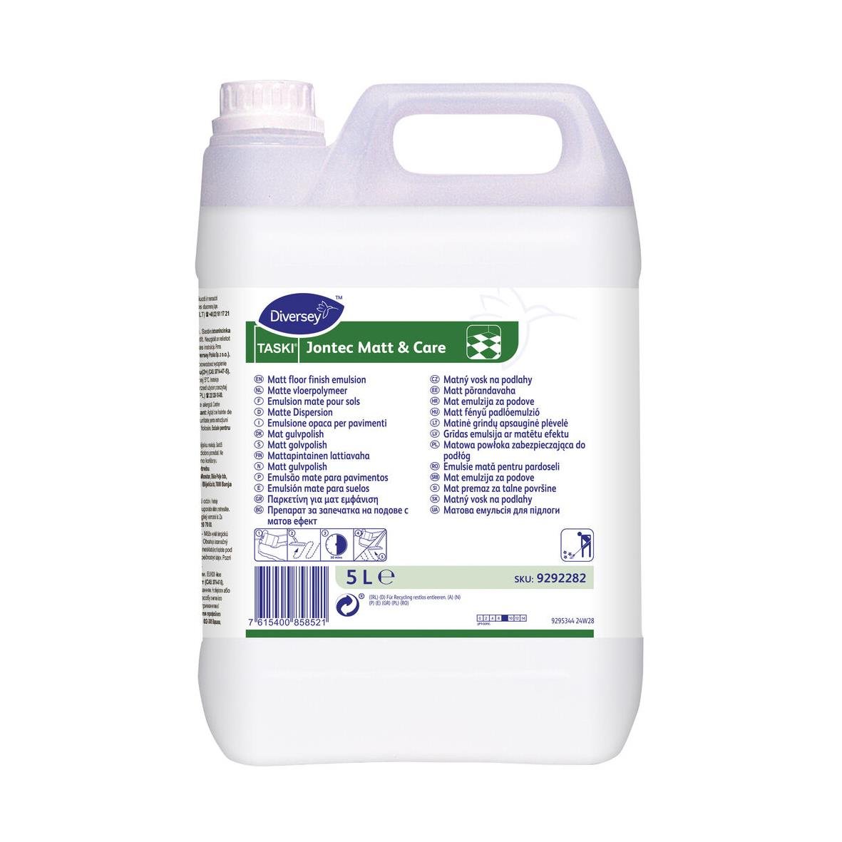 Golvpolish Diversey Taski Jontec Matt & Care 5L i vit dunk med handtag och etikett