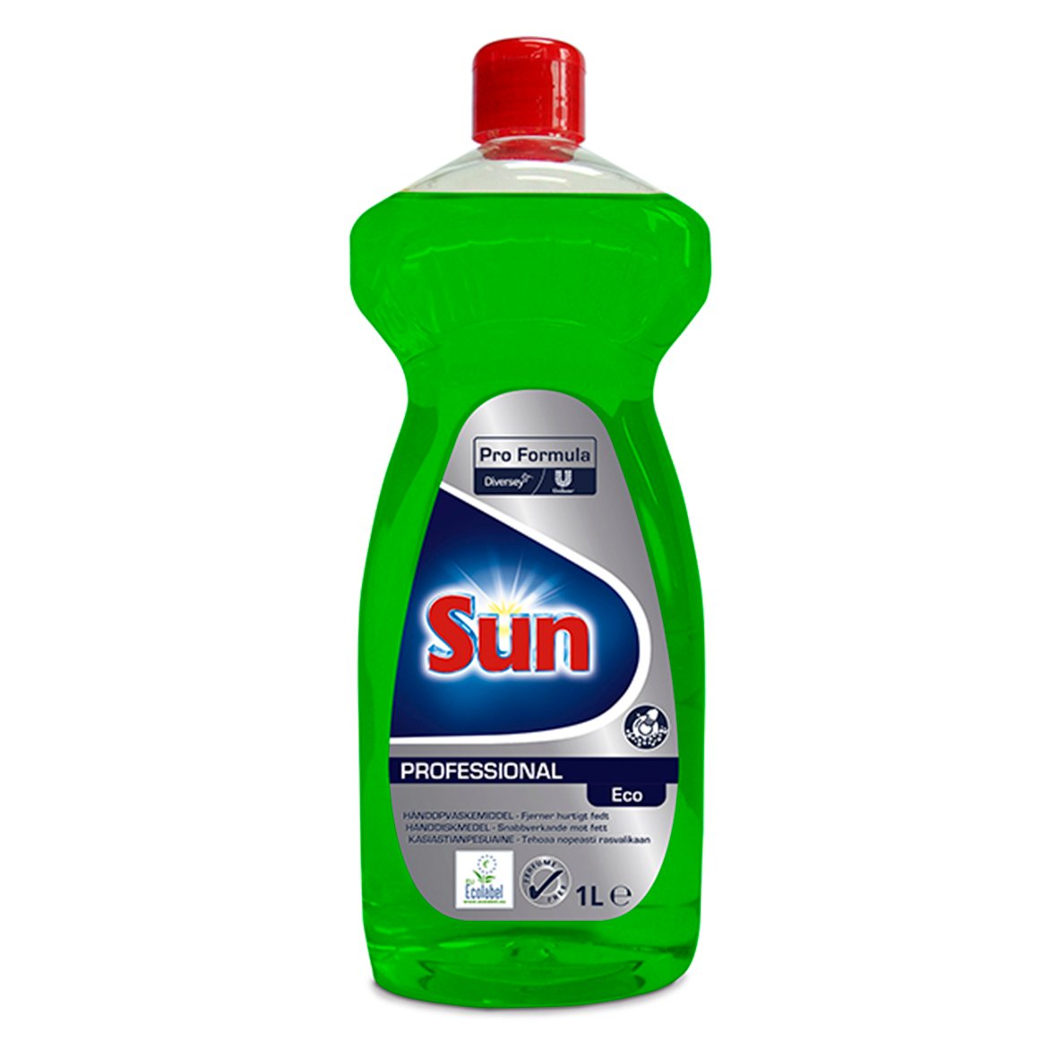 Grönt handdiskmedel i plastflaska med rött lock och Sun Professional etikett