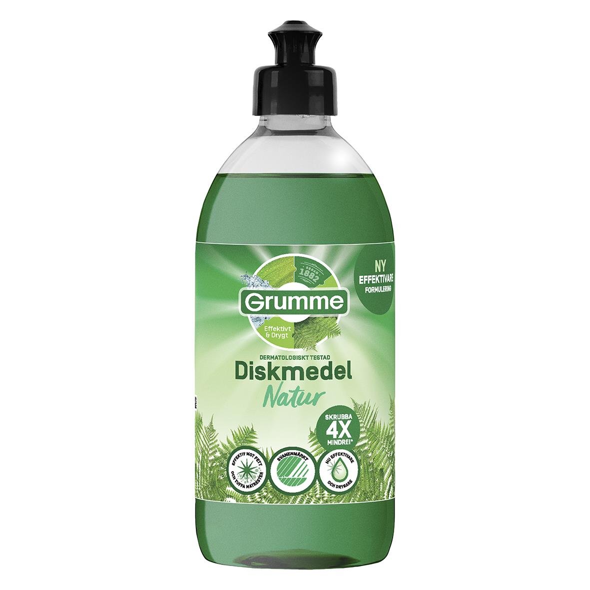 Grumme Natur handdiskmedel i pumpflaska 500ml med grönt och vitt etikett