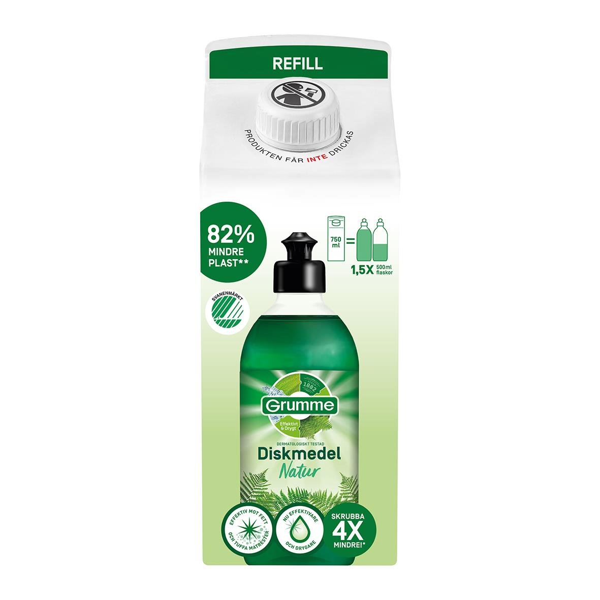 Handdiskmedel Grumme Refill Natur 750ml i grönt pumpflaska med refillmärke