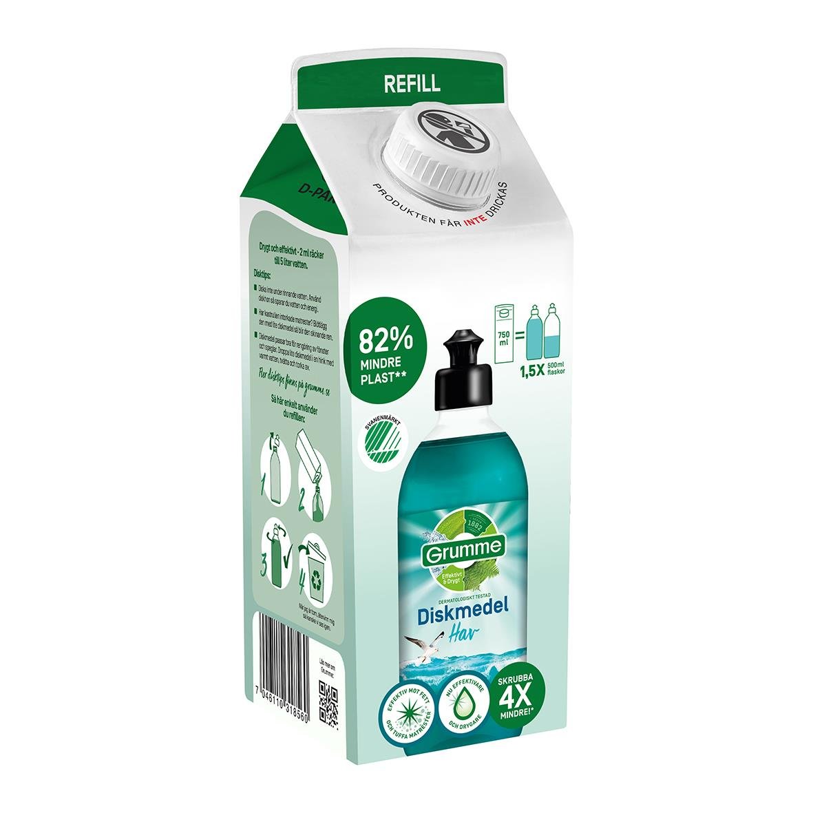 Handdiskmedel Grumme Refill Hav 750ml i förpackning med pump och gröna detaljer