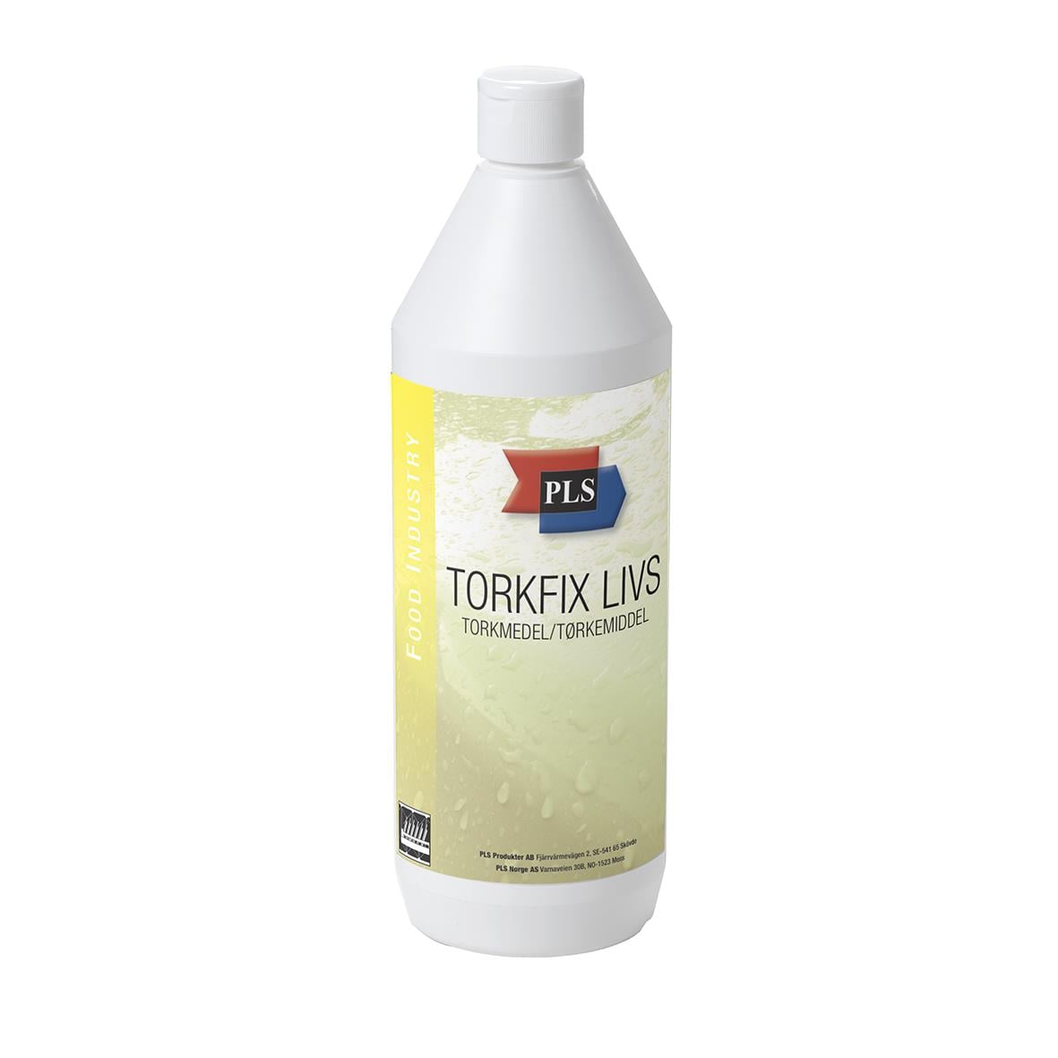 Vit plastflaska med Torkmedel PLS Torkfix Livs 1L etikett