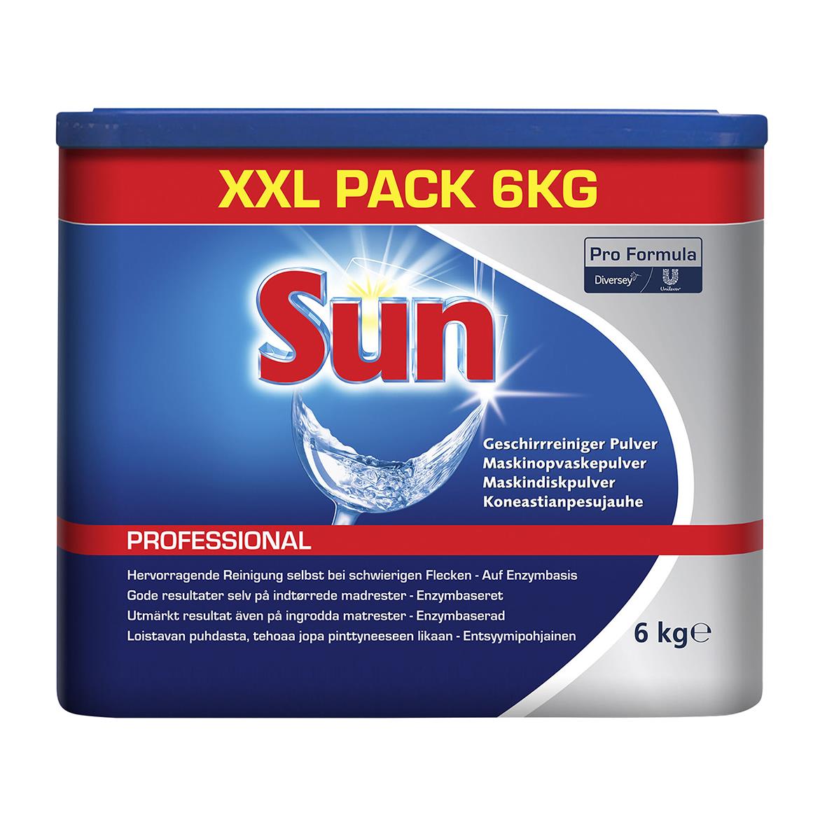 Stor 6kg förpackning av Sun Professional pulvermaskindiskmedel med XXL-pack märkning