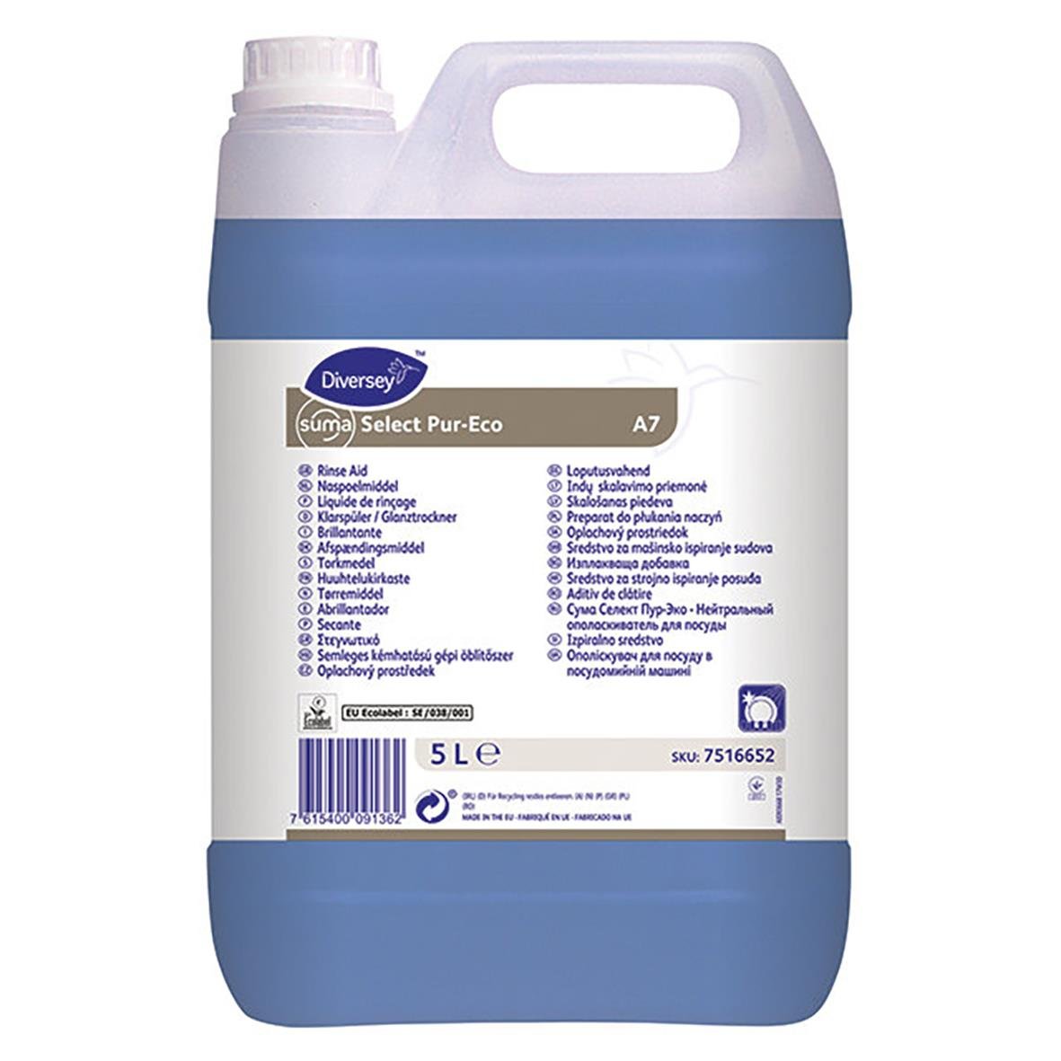 Diversey Suma Select Pur-Eco A7 5L, miljövänligt torkmedel i stor flaska