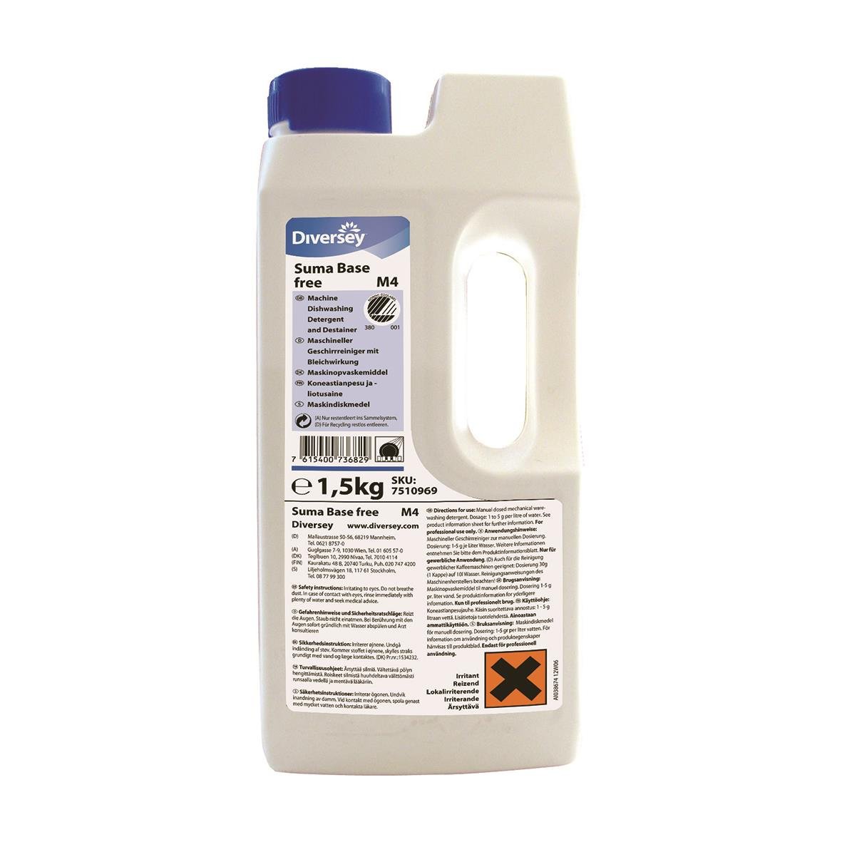 Vit plastflaska med blått lock och etikett för Diversey Suma Base Free M4 1,5kg, används för maskindiskmedel