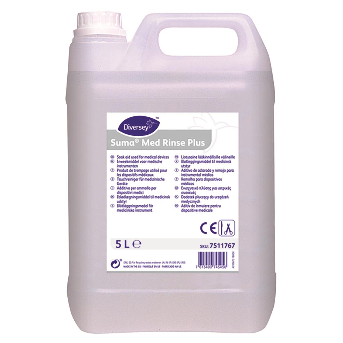 Stor 5L vit plastflaska med etikett för Diversey Suma Med Rinse Plus, ett blötläggningsmedel