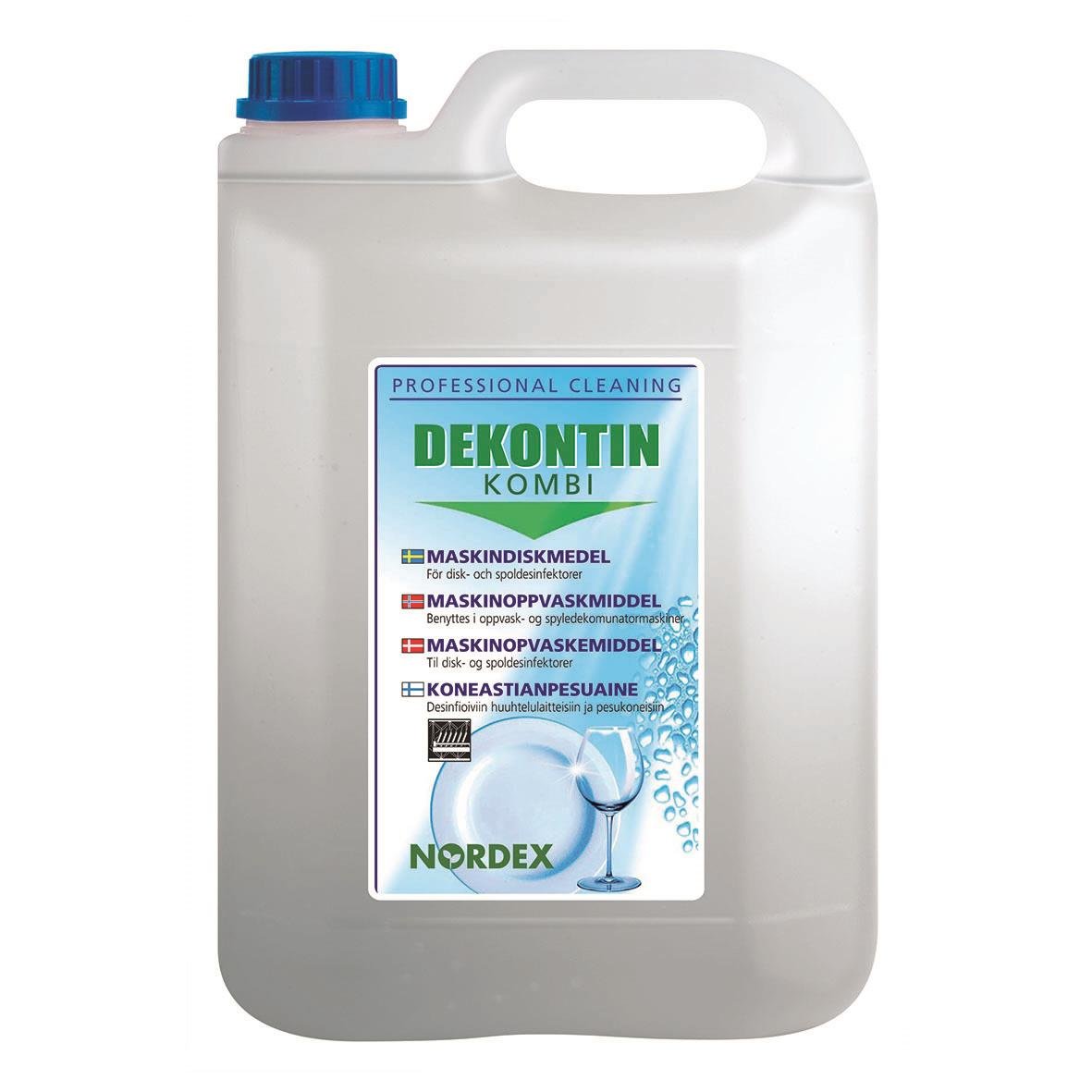 Stor vit behållare med blå lock, etikett för Spol & Diskdesinfektion Nordex Dekontin Kombi 5L