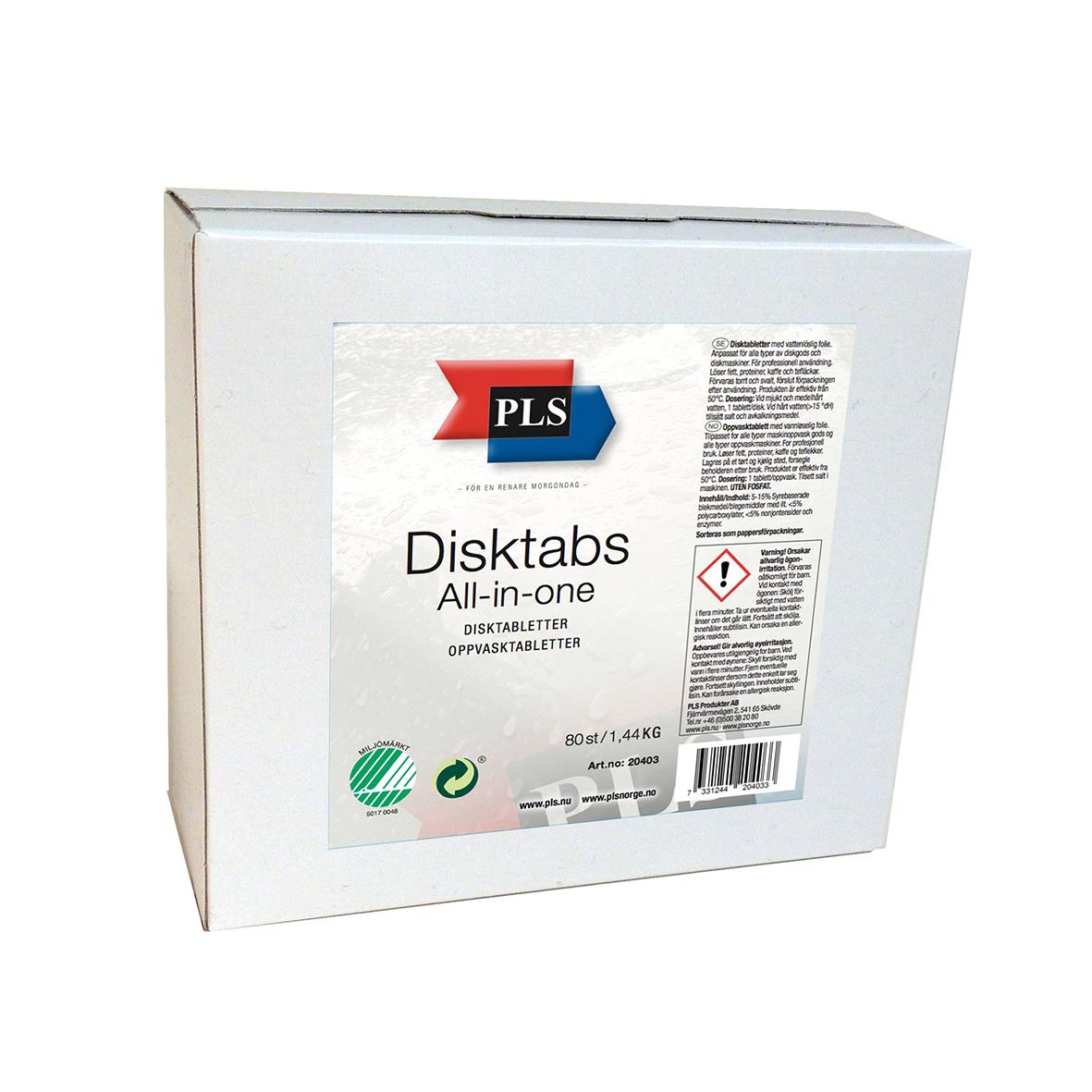 Vit kartong med PLS Disktabs All-in-one maskindiskmedel i tablettform