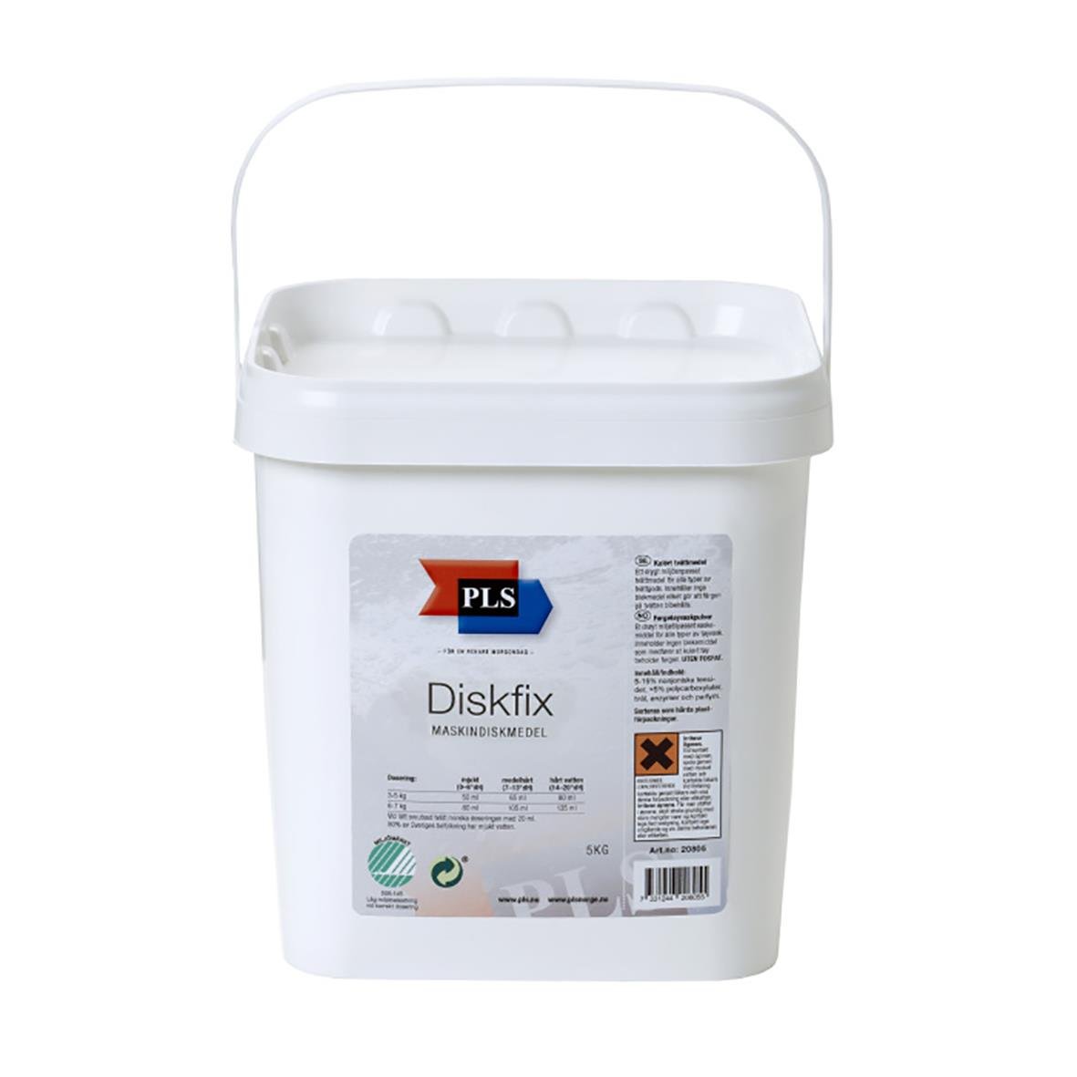 Vit maskindiskmedel i hink märkt PLS Diskfix Pulver 5kg