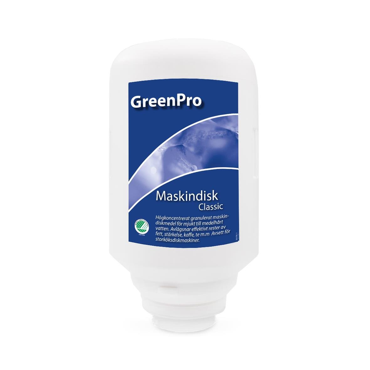 GreenPro Classic 4kg maskindiskmedel i vit behållare med blå etikett