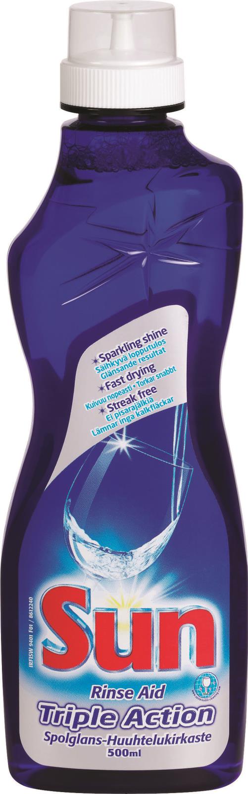 Sun spolglans 500ml flaska med blå färg och vitt lock, visar rengöringsprodukt för glas och ytor