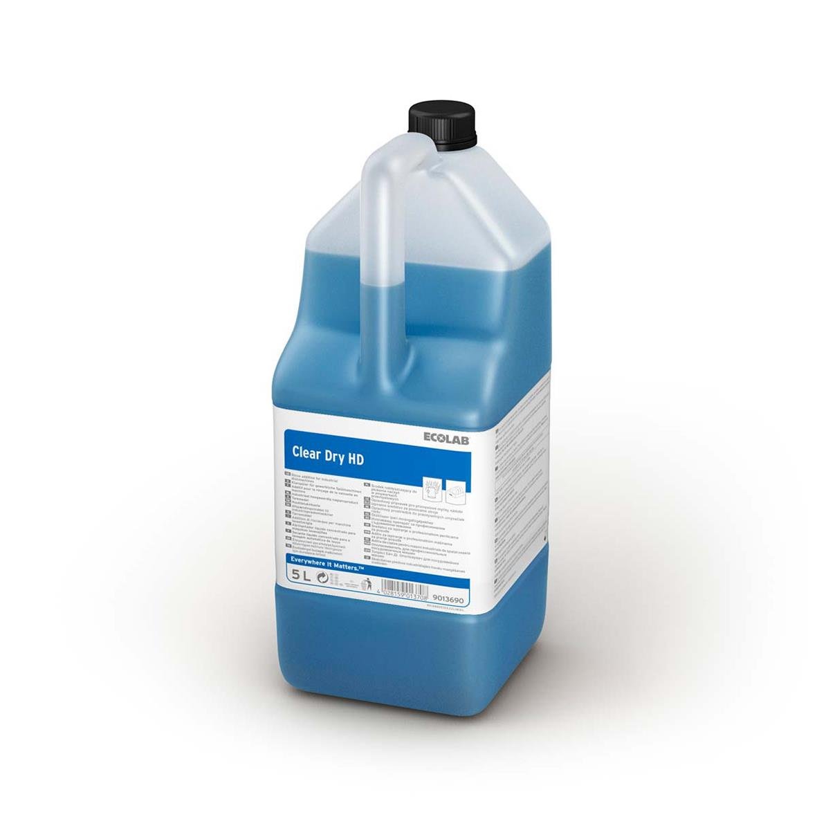 Stor blå och vit plastflaska med svart lock och etikett som visar produkten Torkmedel Ecolab Clear Dry HD 5L
