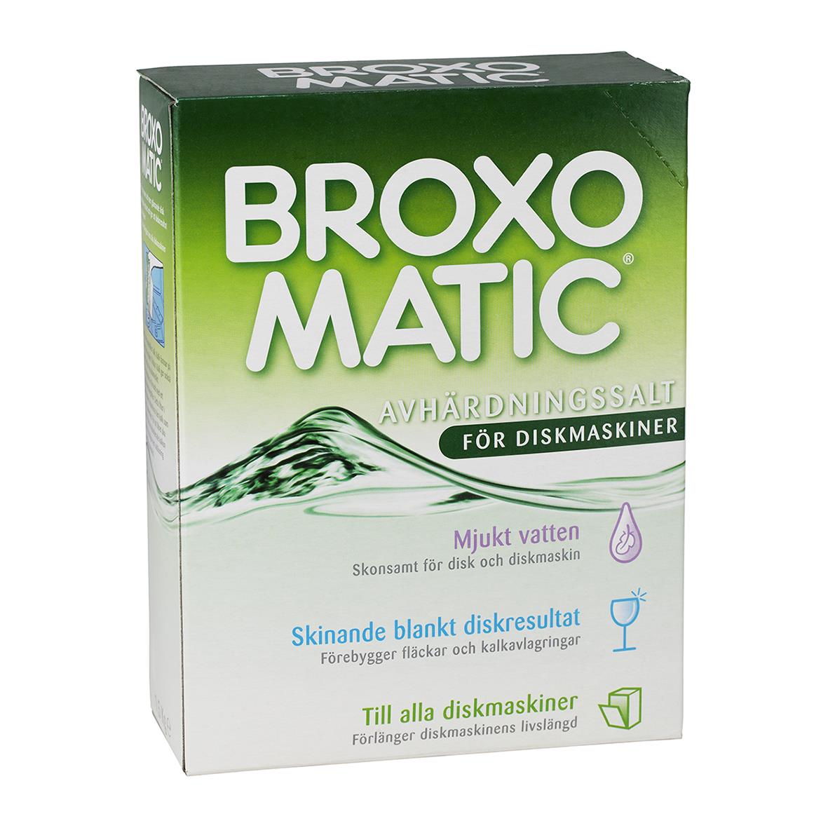 Broxo Matic diskmaskinsalt 1,5kg för diskmaskiner, mjukt vatten, förebygger kalkavlagringar
