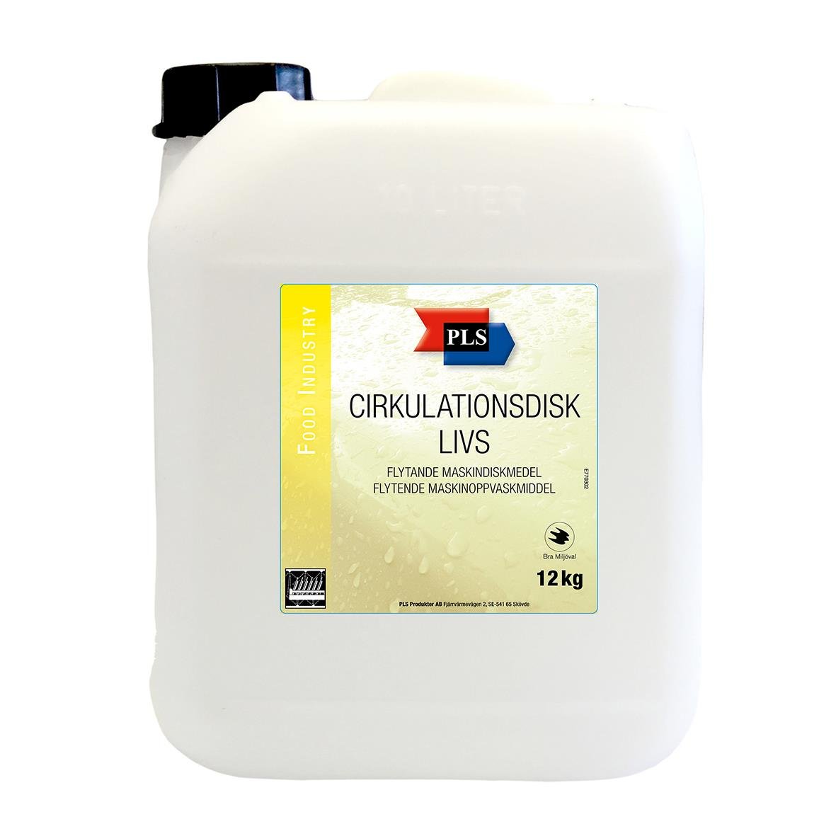 Stor vit plastdunk med etikett för PLS Cirkulationsdisk Livs 10L/12kg maskindiskmedel