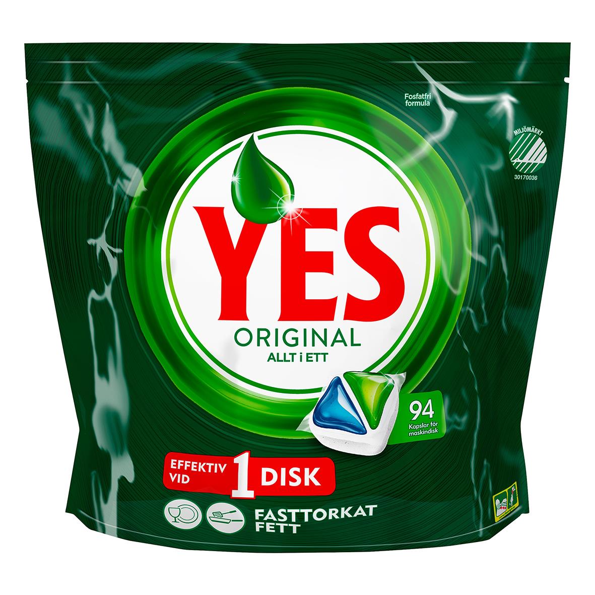 Maskindiskmedel YES Powerdrops Original tablett i påse med 94 tabletter