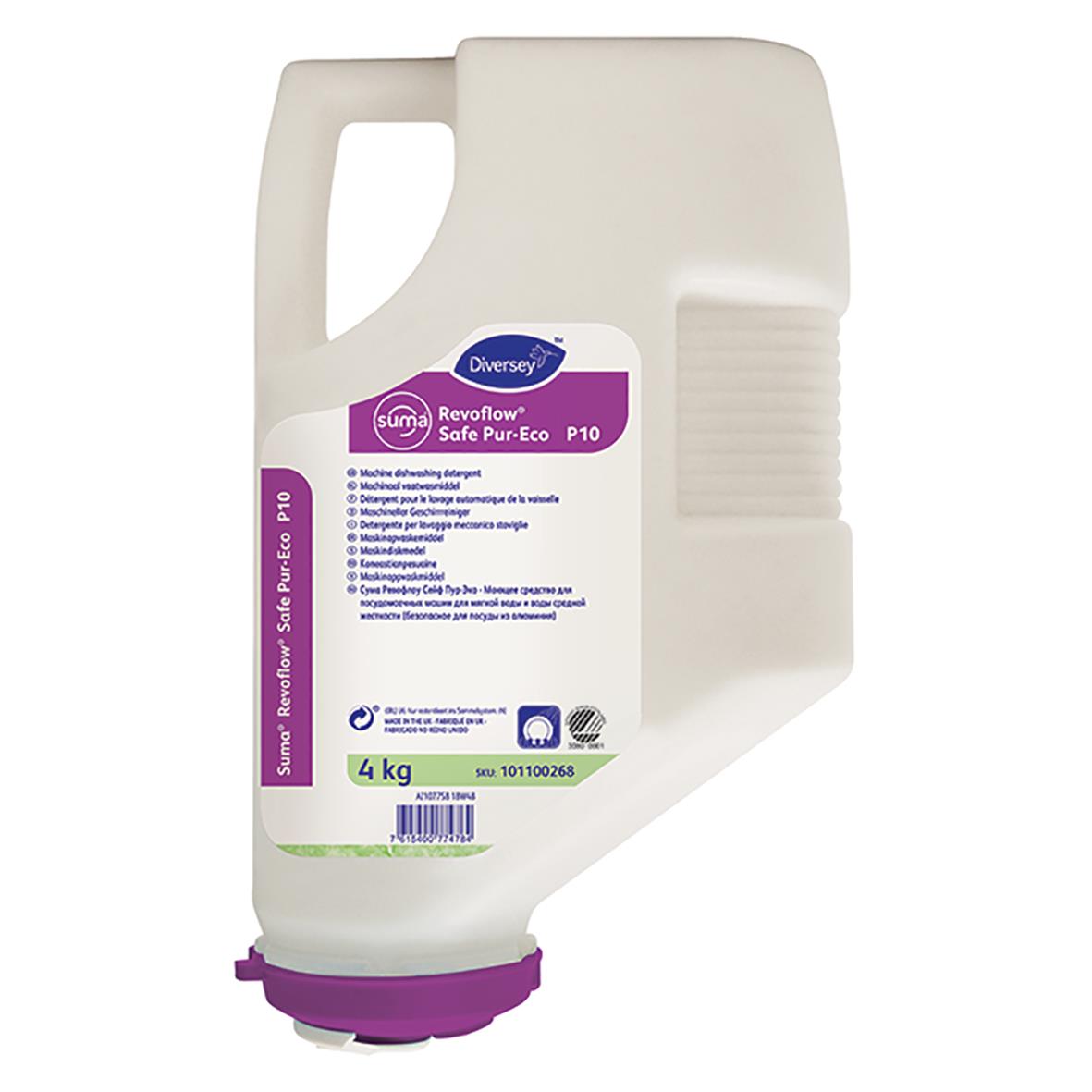 Maskindiskmedel Diversey Suma Revoflow Safe Pur-Eco P10 4kg i vit och lila flaska