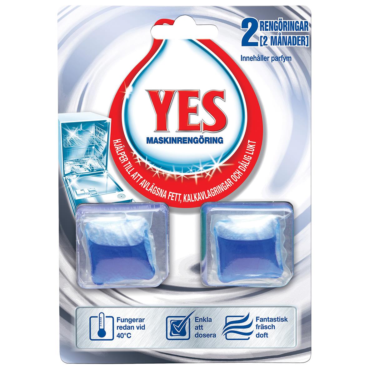 Maskindiskrengöring YES Power för maskiner, 2 rengöringskapslar, fungerar vid 40°C, enkel att dosera, fräsch doft