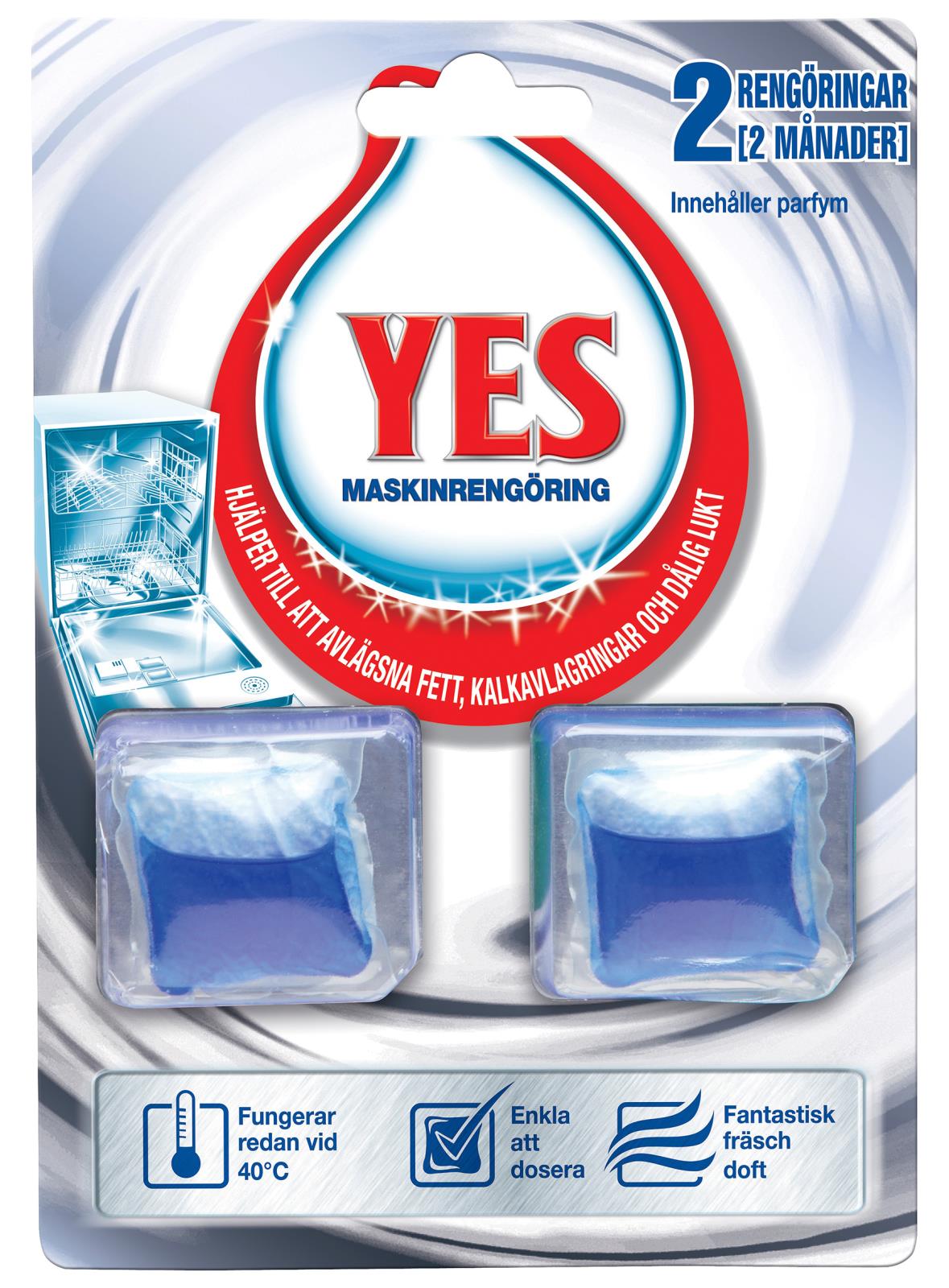 Maskindiskrengöring YES Power för maskiner, 2 rengöringskapslar, fungerar vid 40°C, enkel att dosera, fräsch doft