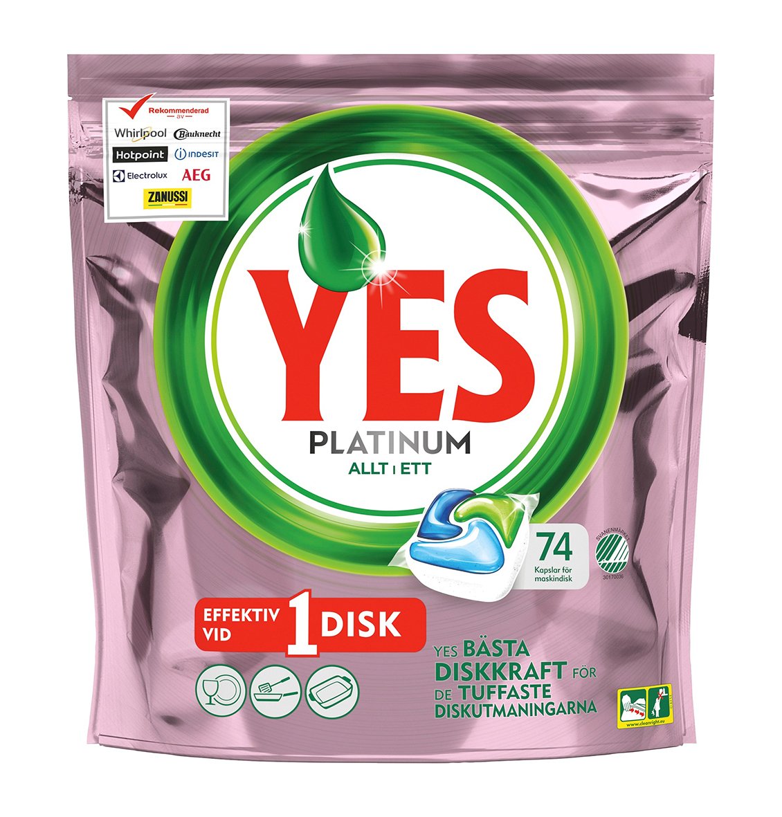 Maskindiskmedel YES Platinum Rosa bandet i rosa förpackning med diskbubbla och grönt blad
