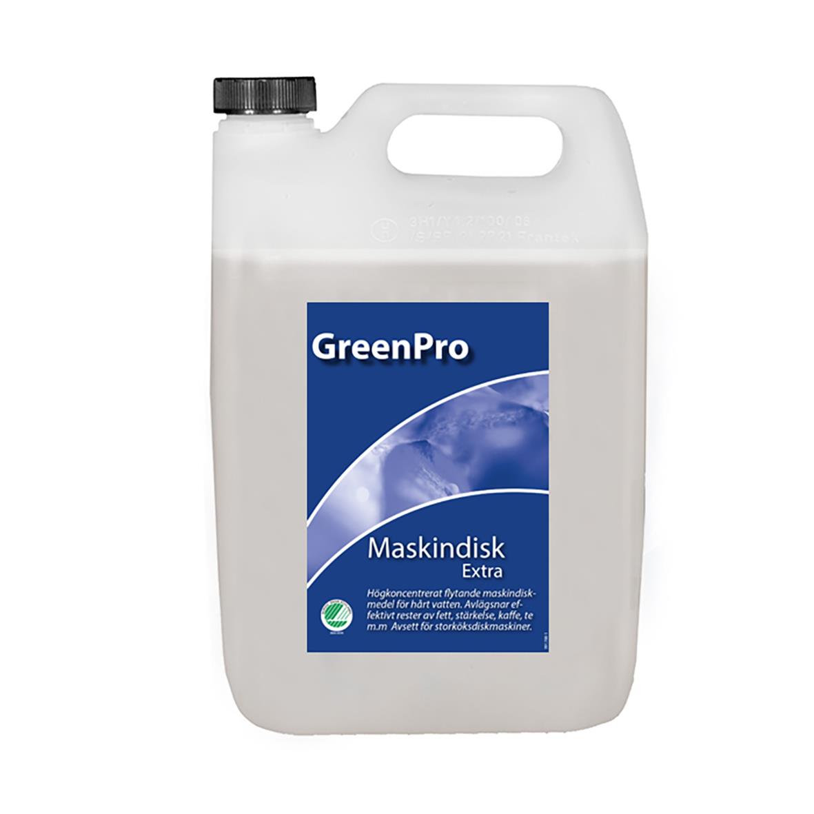 Stor vit plastdunk med blå och vit etikett för GreenPro Extra 5L maskindiskmedel