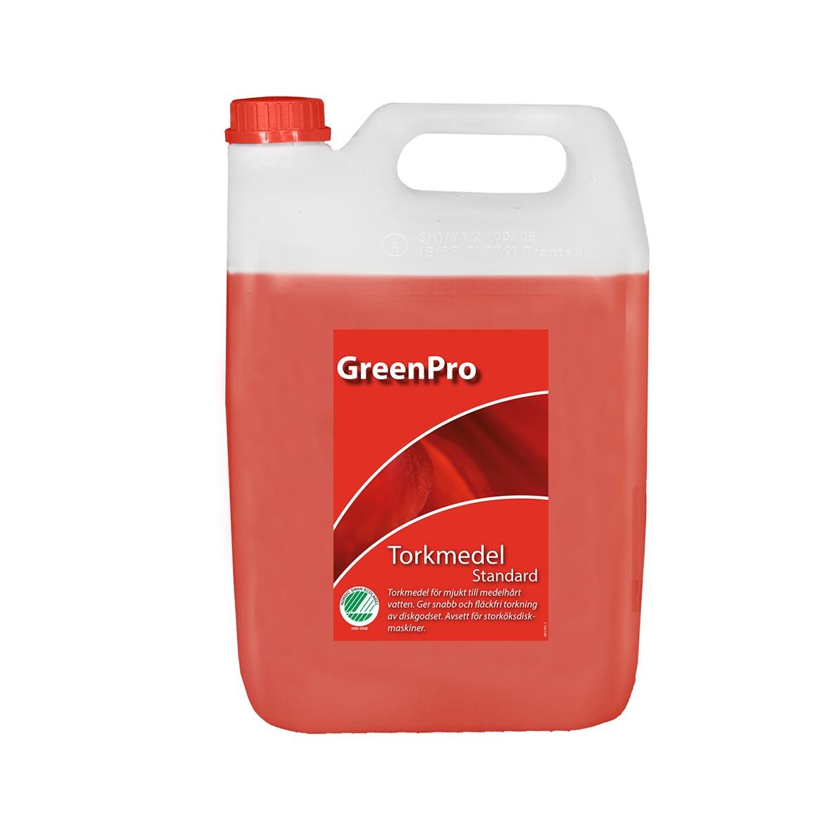 Torkmedel GreenPro Standard 5L i en vit och röd plastflaska med handtag och röd kork