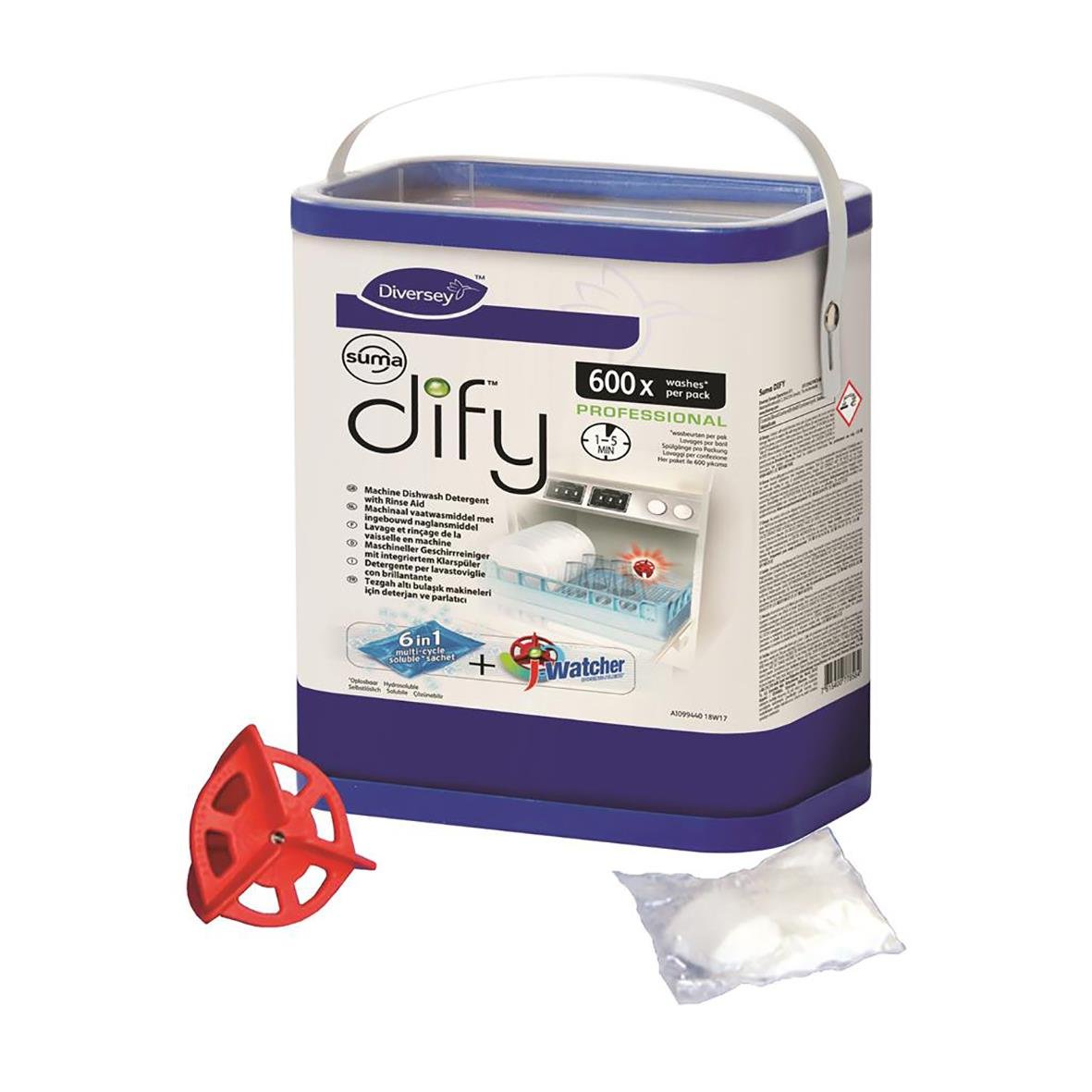 Maskindiskmedel Diversey Suma Dify MA1 0,07kg i förpackning med röd spolskiva och påse