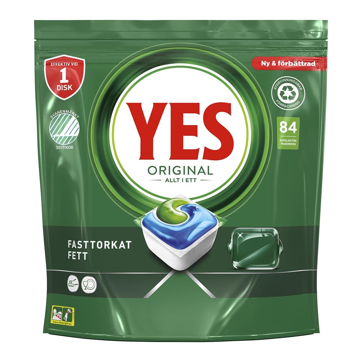 Maskindiskmedel YES Original Allt i Ett Tablett i grön förpackning med diskbana och diskmedelstablett