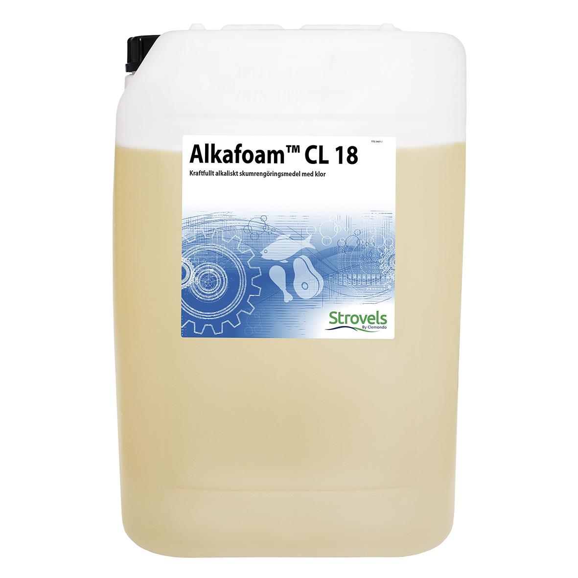 Stor vit plastdunk med etikett för Maskindiskrengöring Strovels Alkafoam Klor CL 18 25L