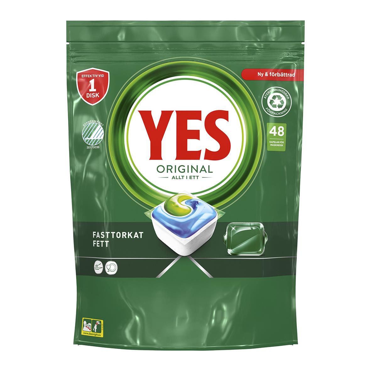 Maskindiskmedel YES Original Allt i Ett Tablett i grönt förpackning med 48 tabletter