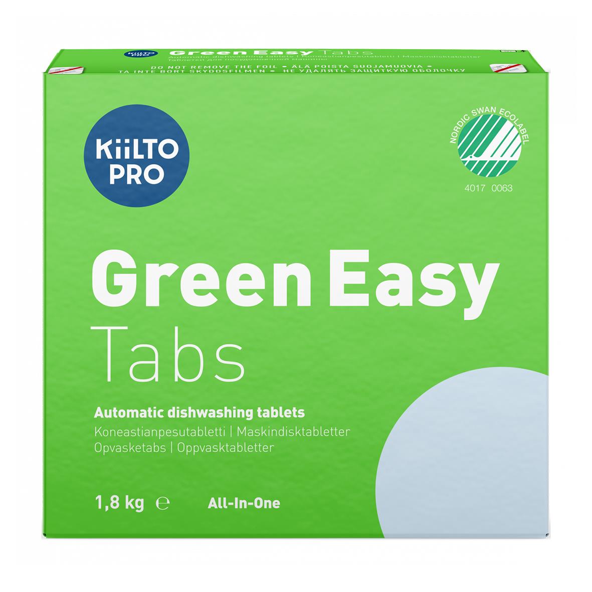 Grönt förpackning av Kiilto Pro Green Easy Tabs maskindiskmedel 1,8 kg med automatiska disktabletter