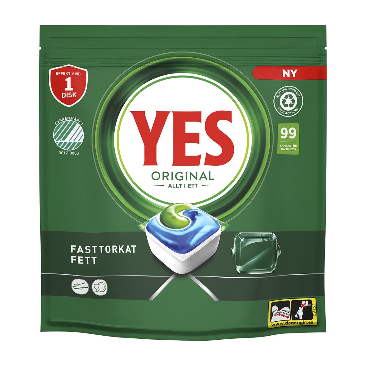 Maskindiskmedel YES Original Allt i Ett tablet i påse med grönt och rött förpackningsdesign