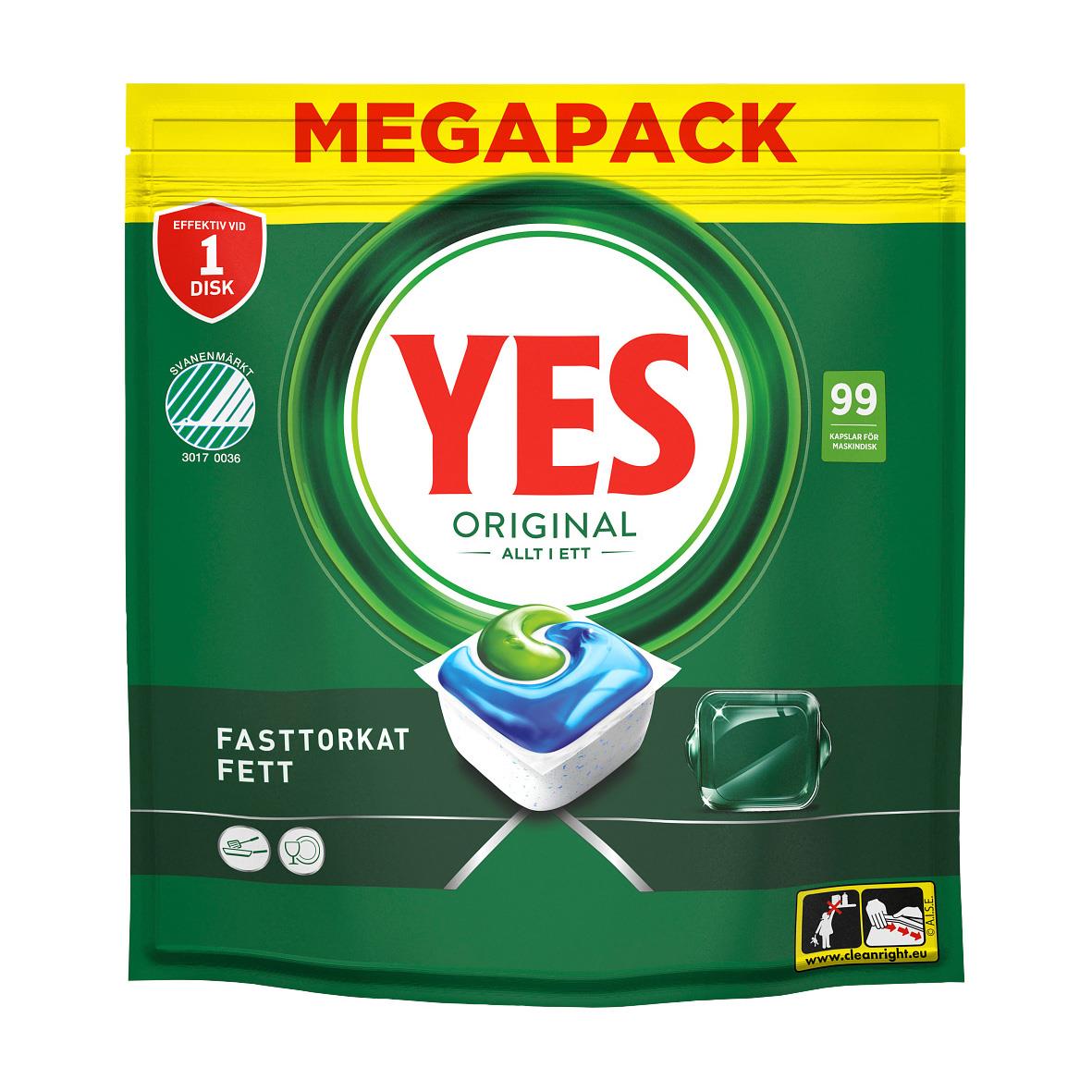 Maskindiskmedel YES Original Allt i Ett tablet i påse med grönt och rött förpackningsdesign
