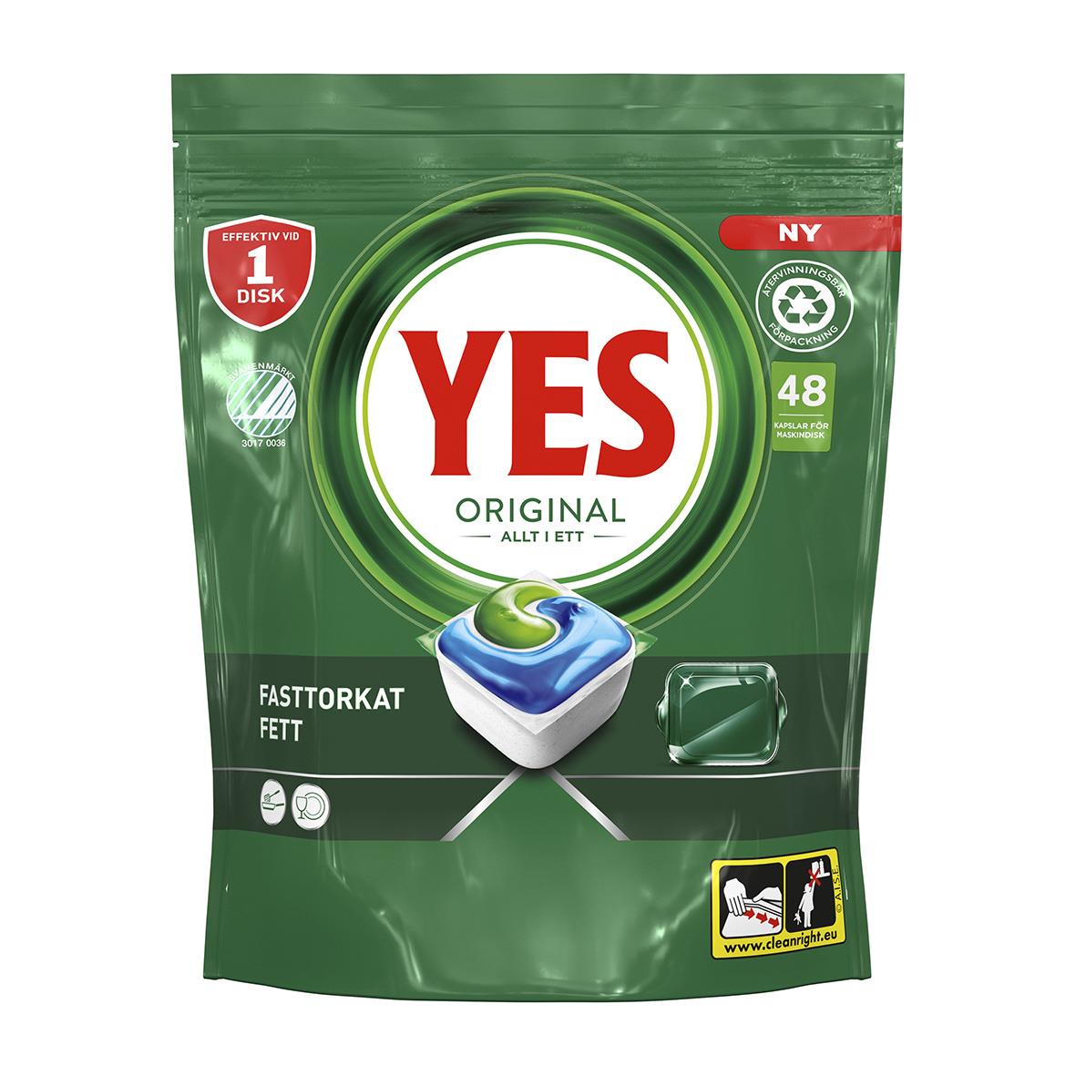 Maskindiskmedel YES Original Allt i Ett Tablett i påse med grönt och vitt design