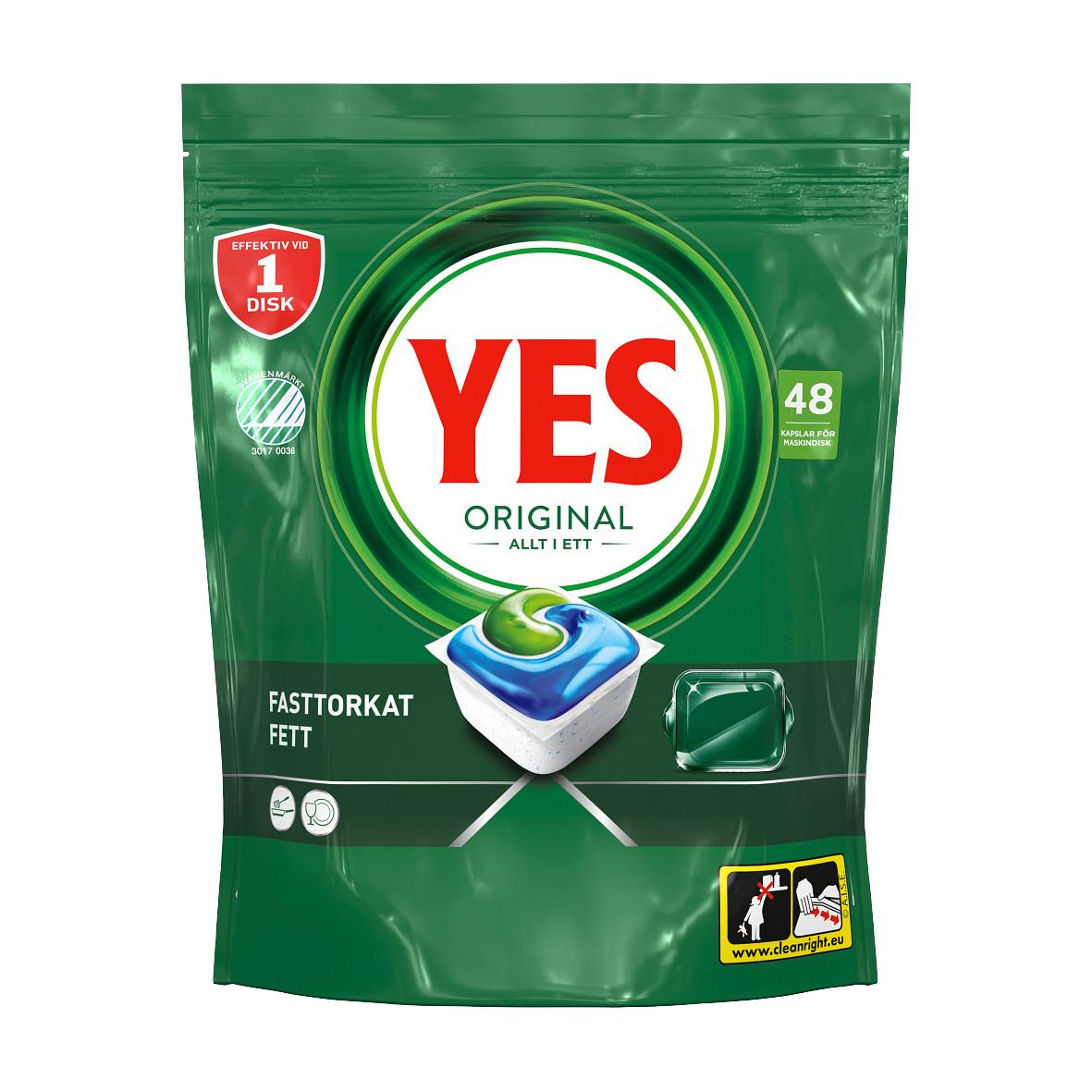Maskindiskmedel YES Original Allt i Ett Tablett i påse med grönt och vitt design