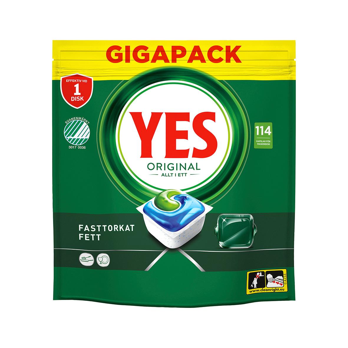 Maskindiskmedel YES Original Allt i Ett Tablett i förpackning med grönt och gult design, visar en diskmedelstablett och symboler för snabb och fettlösning