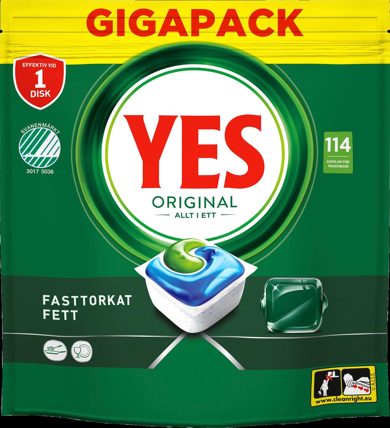 Maskindiskmedel YES Original Allt i Ett Tablett i förpackning med grönt och gult design, visar en diskmedelstablett och symboler för snabb och fettlösning