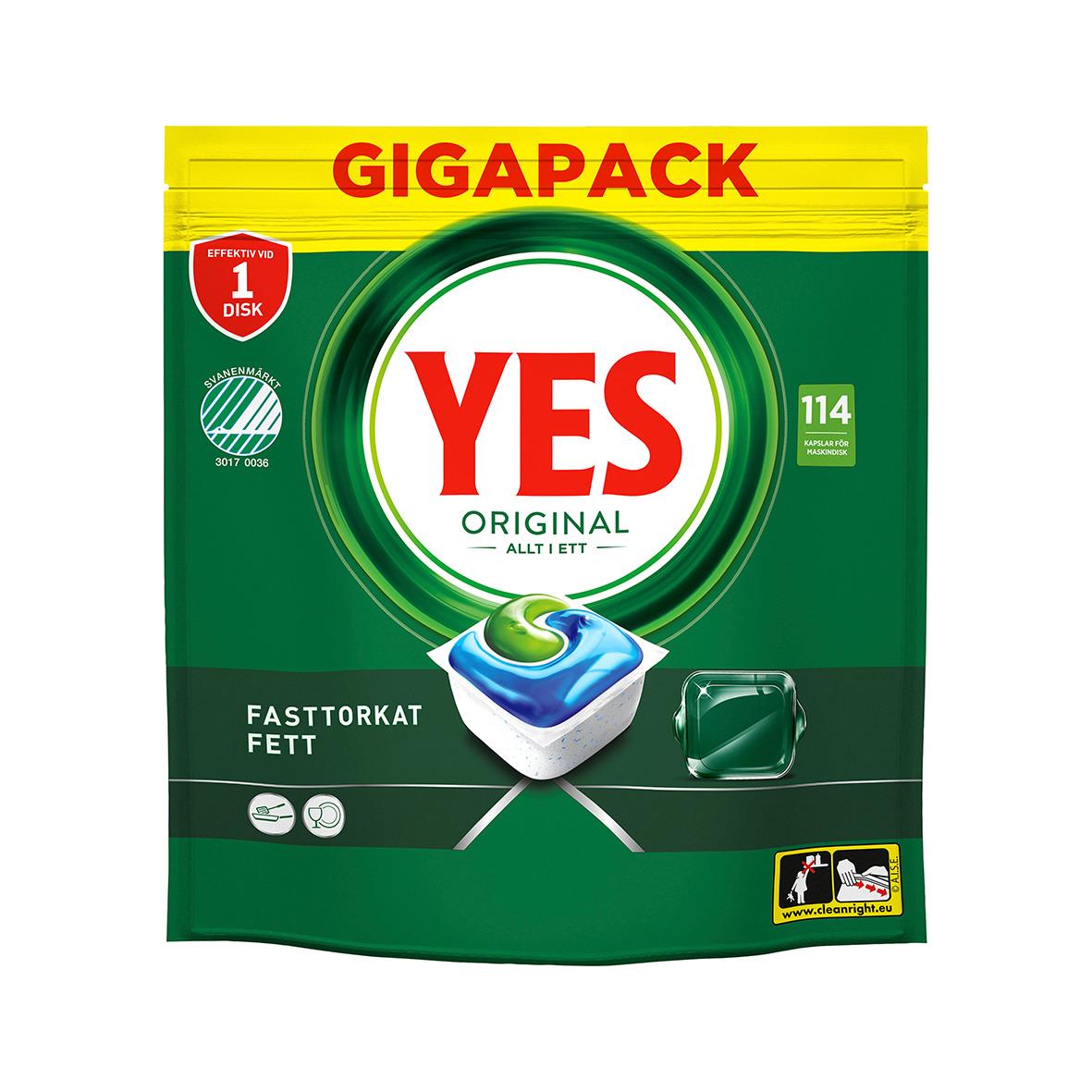 Maskindiskmedel YES Original Allt i Ett Tablett i förpackning med grönt och gult design, visar en diskmedelstablett och symboler för snabb och fettlösning