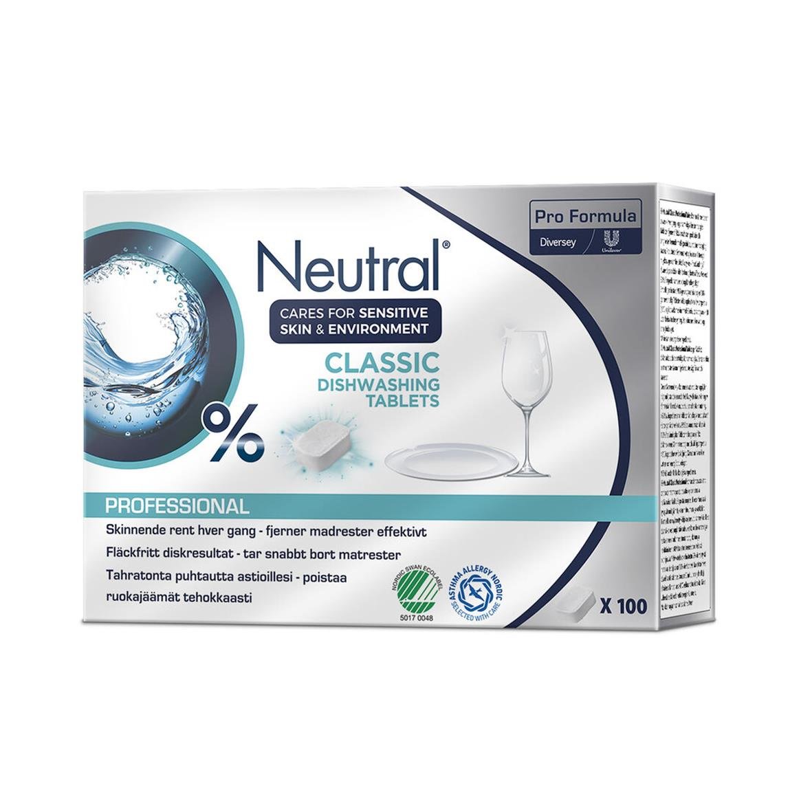 Neutral Classic diskmedelstabletter för känslig hud och miljö, 100 stycken