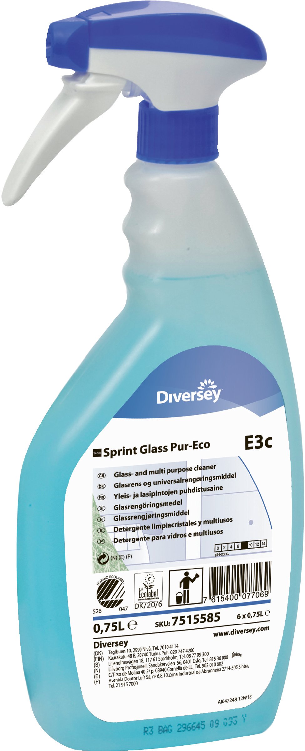 Färdig sprayflaska med blått och vitt rengöringsmedel för fönster, märkt Diversey Taski Sprint Glass Pur-Eco E3c 750ml