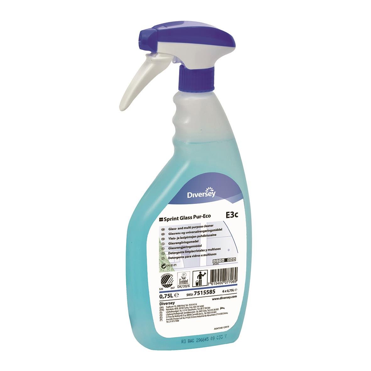 Färdig sprayflaska med blått och vitt rengöringsmedel för fönster, märkt Diversey Taski Sprint Glass Pur-Eco E3c 750ml