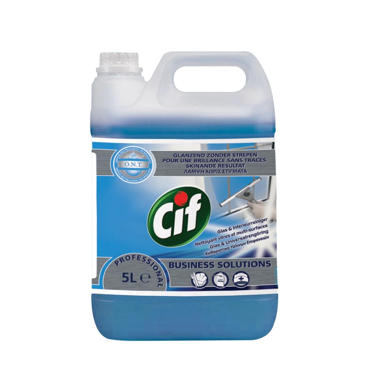 Fönsterputs Cif Professional 2in1 5L i en blå och vit plastflaska med handtag och etikett