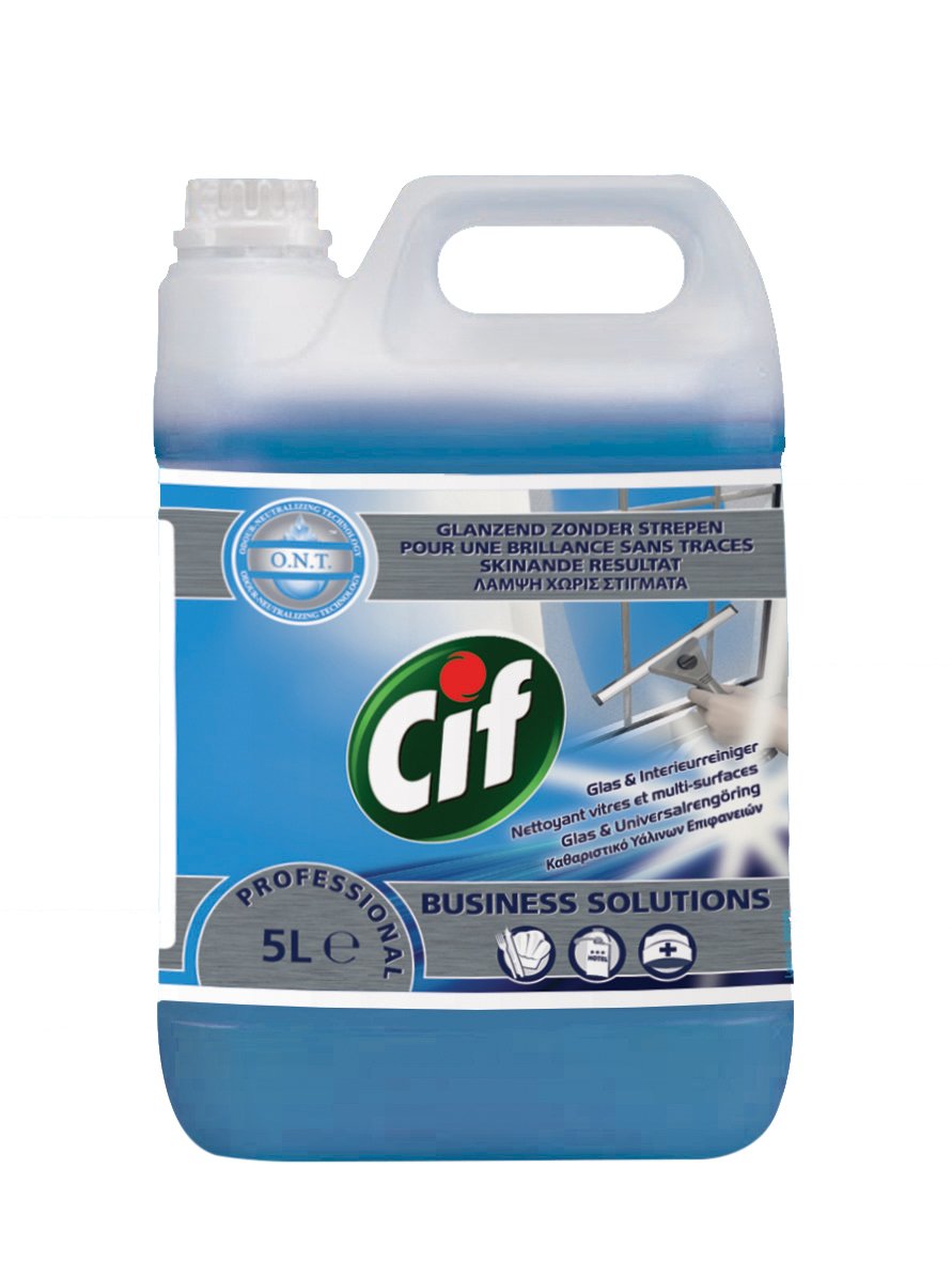 Fönsterputs Cif Professional 2in1 5L i en blå och vit plastflaska med handtag och etikett